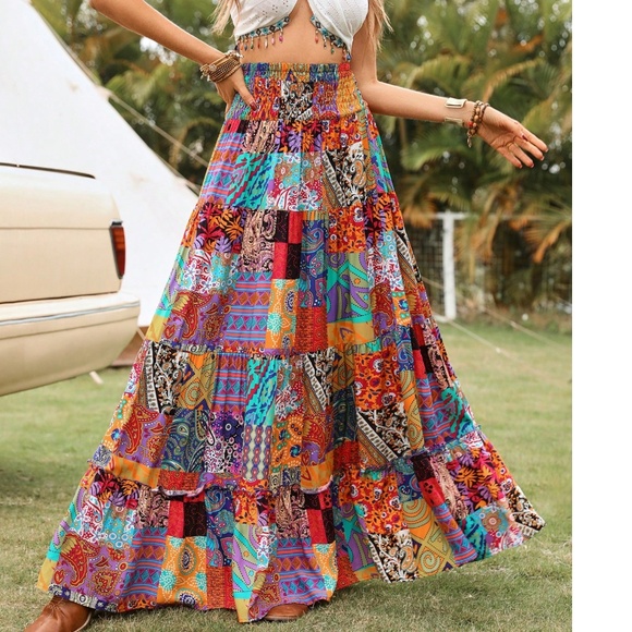 Boho Paisley Patchwork Print Stretchy Waist maxi Skirt - Picture 1 of 5